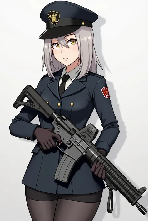 a woman in a uniform with a gun and a hat, cyberpunk art inspired by Ryūsei Kishida, pixiv, auto-destructive art, from girls frontline, m4 sopmod ii girls frontline, girls frontline style, fine details. girls frontline, girls frontline universe, girls fron...