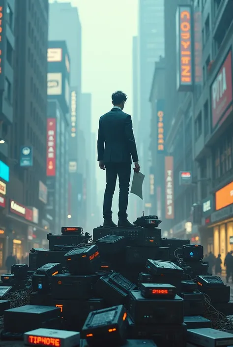  A futuristic scene ， A person standing on a bunch of old technology 。 It says “What is missing （For example, old style、Telephone）before，Thinking ， holding a piece of paper ， suggests the direction of innovation ？”。 The background is a city or environment ...