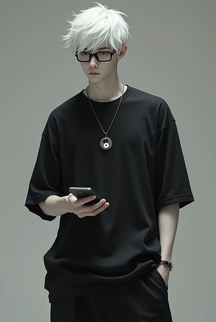 Give me a 24 year old male ghost, wearing square glasses, white hair, pale skin, black t-shirt, wide leg pants, wearing a yin yang necklace,Holding the phone, eyes lifeless, face expressionless , American, Strong body , Cool 