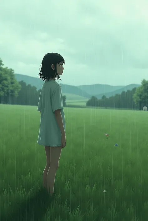 A girl standing on the grass in the rain.