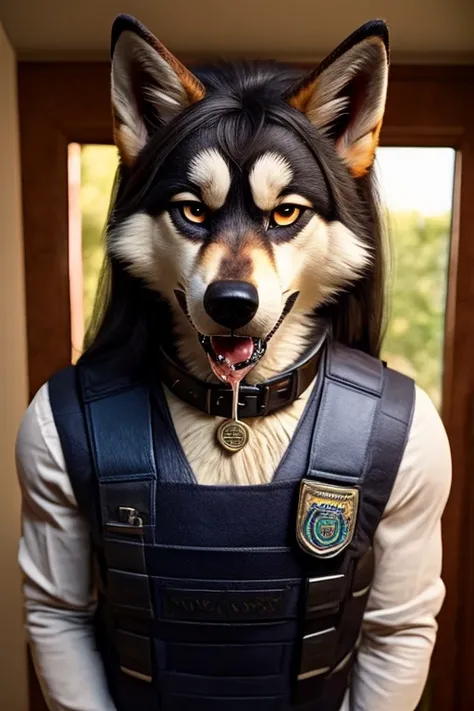 Super Detailed, High Quality, Masterpiece, adult long haired husky wearing a Black security vest and Black leather collar with spikes and a badge over its body with human eyes, looking at the viewer with mesmerizing looks, tong out, drooling saliva, dog st...