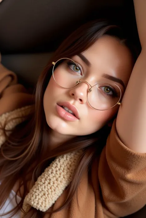 pretty girl with gold glasses, 18 years old, grey short hair, cat eye (eyeliner), blured background, cute and sexy, great quality, Masterpiece, ultra realistic, skater outfit, pefect tits, 
