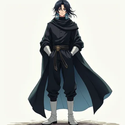  19-year-old boy , black hair,  dark gray eye ,black Medieval clothing for men,black Pants, white boots,anime style,anime,He stands tall,simple background,sidelocks,medium hair,hair over shoulder