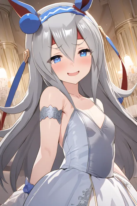 NSFW,masterpiece, top quality , High Definition , very detailed, tamamocross (Uma Musume)、Horse&#39;s ears、 ear covers、 horse tail、Gray Hair、 long hair、 hair bow、 hair between eyes、 blue eyes、 hair ornament、 headband, Princess Dress ,Luxurious mansion, par...