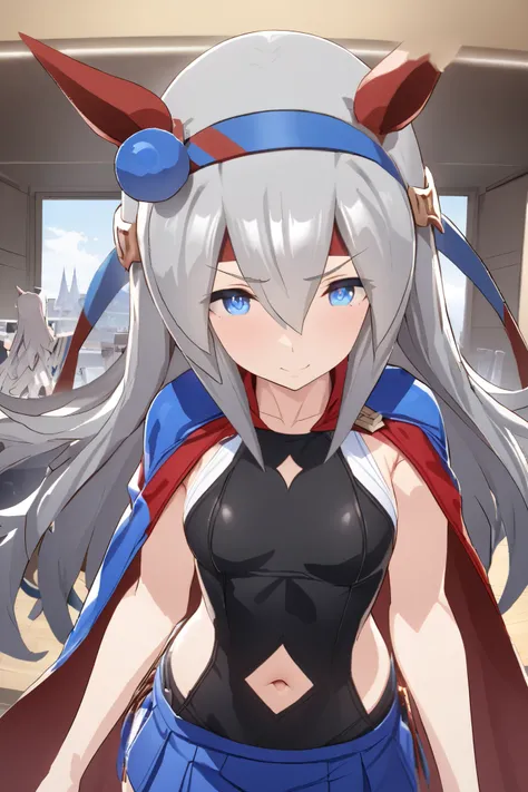 NSFW,masterpiece, top quality , High Definition , very detailed, tamamocross (Uma Musume)、Horse&#39;s ears、 ear covers、 horse tail、Gray Hair、 long hair、 hair bow、 hair between eyes、 blue eyes、 hair ornament、 headband, leotards, sleeveless, micro mini skirt...