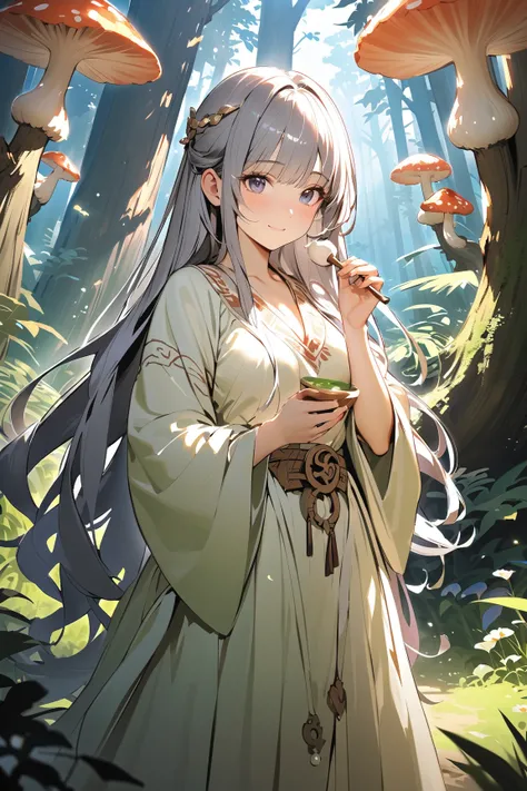 1 girl, (cute face), (long flowing hair:1.2), (silver-gray eyes), medium breasts, slim, (wearing a mystical healers robe), (embroidered with ancient symbols), BREAK  
Ancient forest, towering trees, (glowing mushrooms:1.2), (mixing potions:1.2), soft dappl...