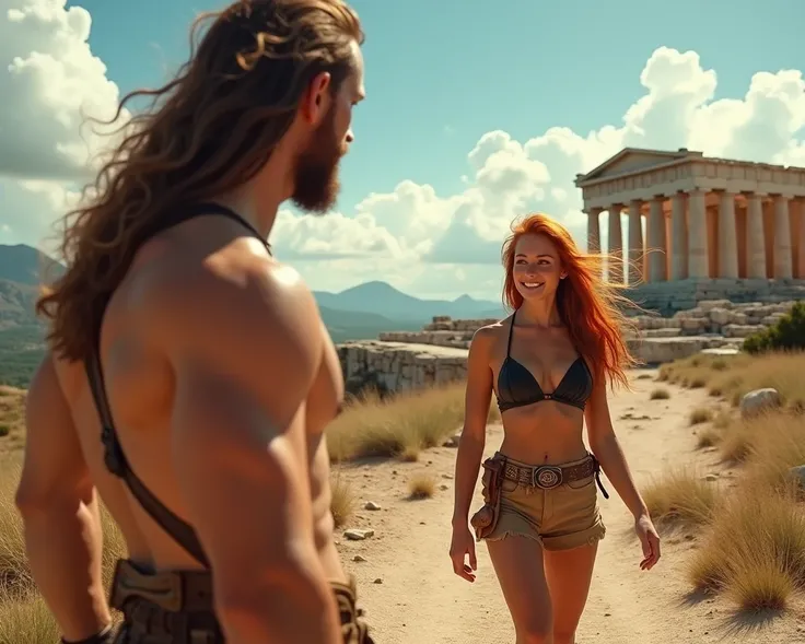  35-year-old man with long brown hair  , muscular, spartan,  with bare chest , watching a cheerful girl with long hair  , redhead, 26 years old,  small breasts ,  black bra,  light brown shorts , light brown ankle boots ,  while she is surrounded by ren pl...