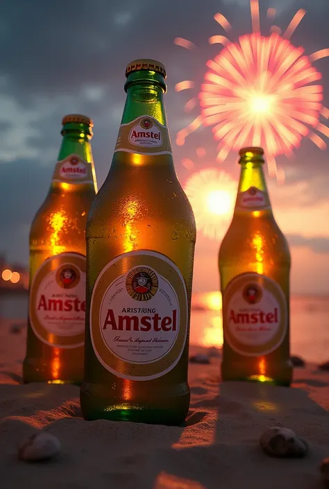 Amstel bottles and debauchery on the beach with fireworks in the background, Arte conceitual de Jesper Ejsing,  Winner of the Artstation contest , Digital Art, Cinematic beer ,  Beer advertisement , vray e arnold, 3d animated film, anato finnstark. Pixar, ...