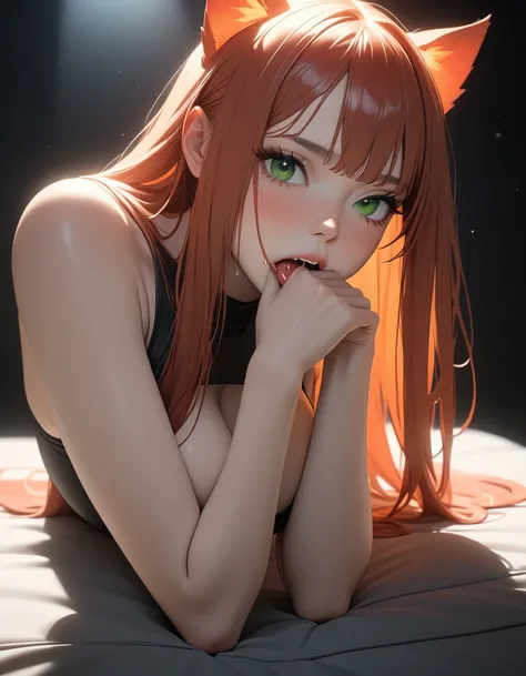 best quality, masterpiece, high resolution, A redhead girl, red cat ears, orange highlights on hair, green eyes, on knees sucking cock pose, drooling, tight fashion clothing exposing breast, Pretty Face, Perfect breasts, more than_Body, Tyndall effect, lif...