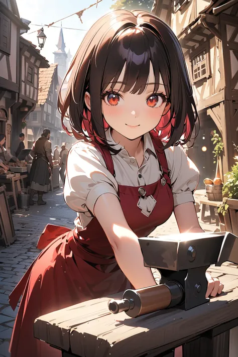 1 girl, (cute face), (short bob haircut:1.2), (hazel eyes), small breasts, slim, (wearing a practical blacksmiths outfit), (with an apron and gloves), BREAK  
Medieval village, bustling market, (forging weapons:1.2), (working at an anvil:1.2), warm afterno...