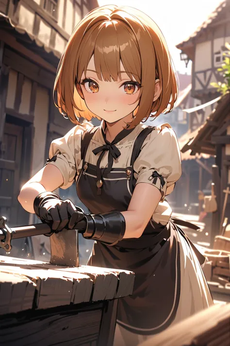 1 girl, (cute face), (short bob haircut:1.2), (hazel eyes), small breasts, slim, (wearing a practical blacksmiths outfit), (with an apron and gloves), BREAK  
Medieval village, bustling market, (forging weapons:1.2), (working at an anvil:1.2), warm afterno...