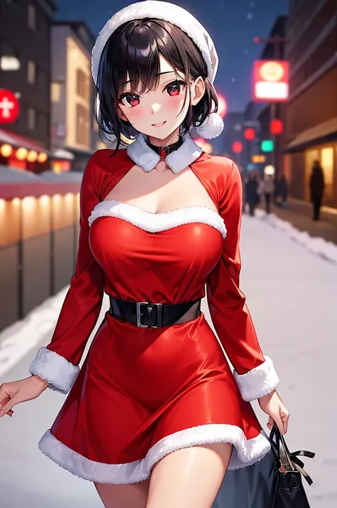 best quality, 8k, very delicate and beautiful, highly detailed face and skin texture, shiny skin, high resolution, huge tits cute black short hair japanese girl in sexy red santa dress walking on street at night with huge smile, under, neon light, with sno...