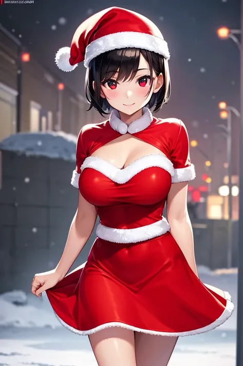 best quality, 8k, very delicate and beautiful, highly detailed face and skin texture, shiny skin, high resolution, huge tits cute black short hair japanese girl in sexy red santa dress walking on street at night with huge smile, under, neon light, with sno...