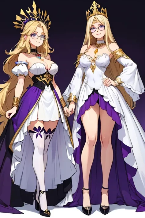 female, long blonde hair, blue eyes, (((1girl))), (((white regal dress with purple and black trim))), (black stockings), (purple heels), (gold bracelets), (gold necklace), (glasses), cute and sexy, full body, modest breasts, long legs, smiling