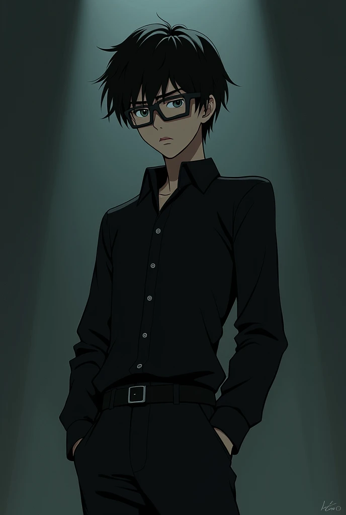 a black hair male high school student wearing a glass and black outfit in persona 3 art style