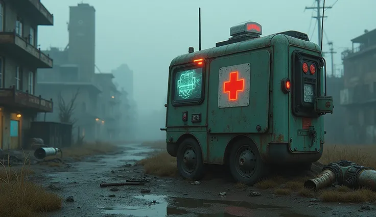 Extérieur post apocalyptique machine médicale hors service croix  rouge médicale, ambiance futur, hologramme 