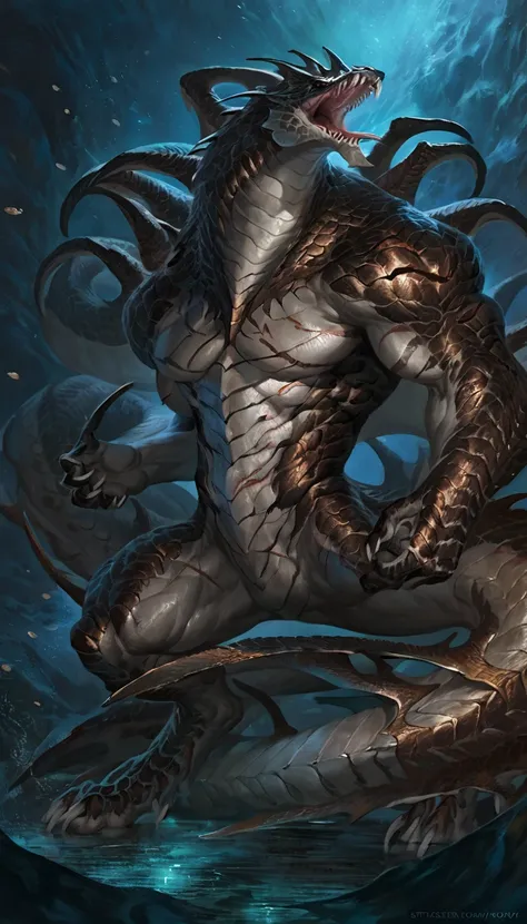 Muscular monster shark, solo, body made of steel, hydra, multiple serpent like heads, strong, metallic scales, eldrich horror, transparent torso with bones, scars on body, 1male solo,feral, muscular, small waist, thick tail, thick scales on the shoulders, ...