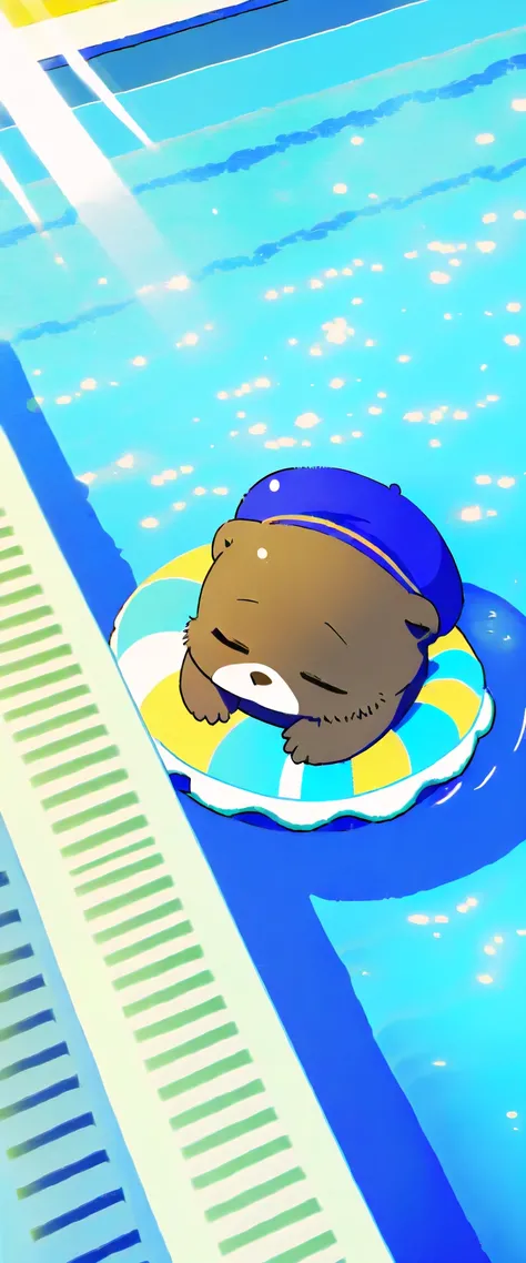 Score_9, Score_8_up, Score_7_up, Score_6_up, Score_5_up, Score_4_up, no human, solo, sea otter (blue, adorable, sleeping on swimming ring, blue beret hat, swimming ring), swimming pool, sunlight, vivid, colorful, warm, Wide lens