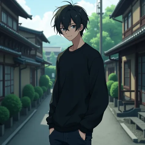  19-year-old boy ,black t-shirt,black sweatshirt ,black jeans ,  black sneakers  , Anime style, Black hair ,  high definition,  dark gray eyes, japanese school,hair over one eys