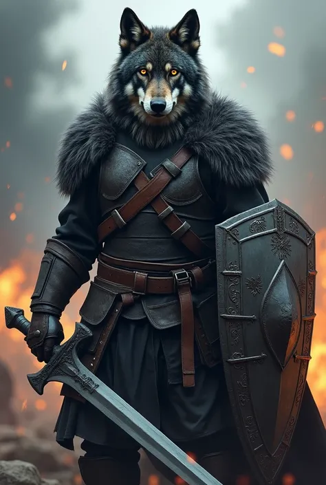 A wolf warrior: A powerful and fearless wolf clad in ancient armor, a blend of metal and leather. Its sharp eyes gleam with confidence and determination. In one hand, it wields a massive sword, and in the other, a shield bearing the scars of countless batt...