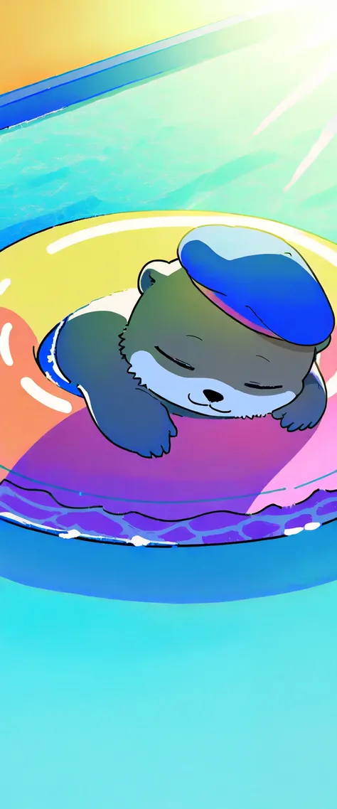 Score_9, Score_8_up, Score_7_up, Score_6_up, Score_5_up, Score_4_up, no human, solo, sea otter (blue, adorable, sleeping on swimming ring, blue beret hat, swimming ring), swimming pool, sunlight, vivid, colorful, warm, Wide lens