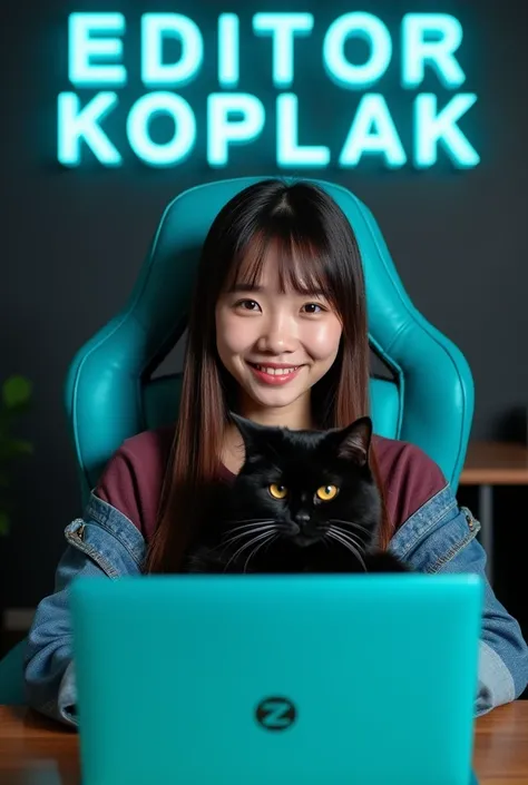 from the front, a young Asian woman, clean face, sharp nose, 24 years old, long straight brown hair with bangs, sitting relaxed in a turquoise colored gaming chair while holding a cute big black cat, she is wearing a denim maroon shirt, denim pants, face f...