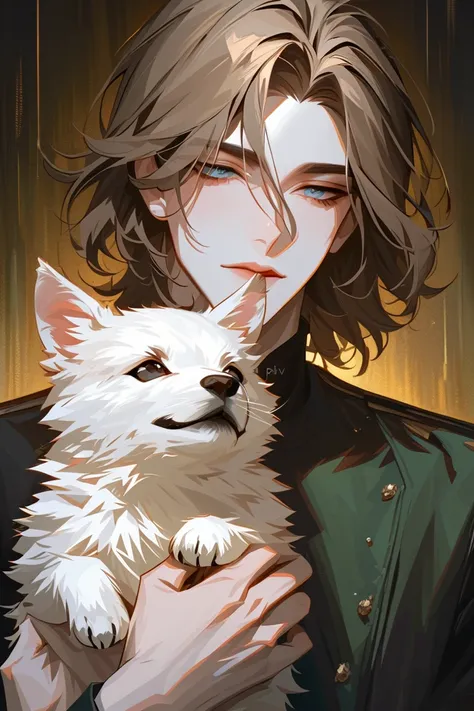 impasto, cool manga style, high quality, extremely detailed, extremely delicate line, amazing color, masterpiece, 1 man, young, brown soft hair, gentle eyes, handsome, perfect face, tall, pale skin, handsome, perfect face, holding puppy, perfect background...