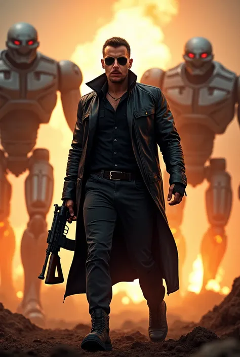 Poster of the robot movie Terminator, a cool man is standing in a fighting pose ready for hand to hand combat,dynamic masculine pose,with a long leather jacket with sunglasses and black boots, holding a AK 47 machine gun,explosions in the background,intens...