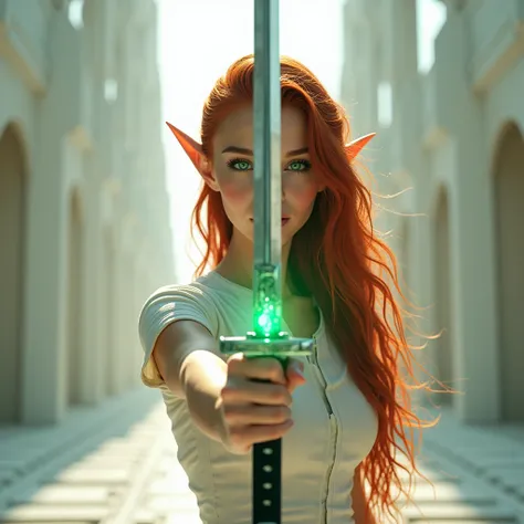 a close look at the sharp tip of the katana blade ( the sun sparkles on the blade ),  is held in her arm stretched right forward by the woman ,  young woman , A woman from the future, futuristic,  Elf, full height, skinny, sinewy,  Thin facial features ( h...