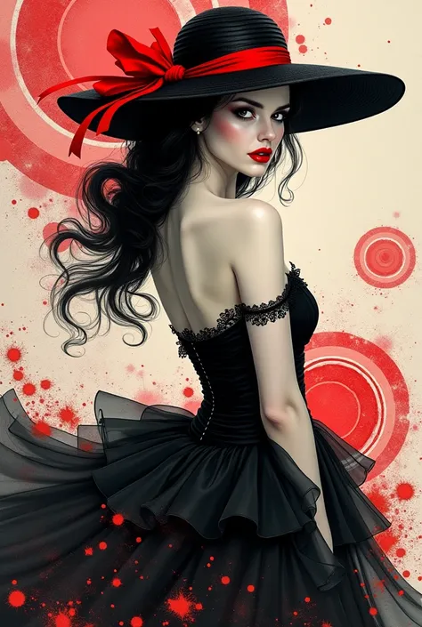 Spectral texture. Stylized artistic illustration of a beautiful woman with red lips in a black and white outfit, highlighted with splashes of red and black ink. she wears a black hat with a red ribbon and a strapless black dress with white details. the bac...