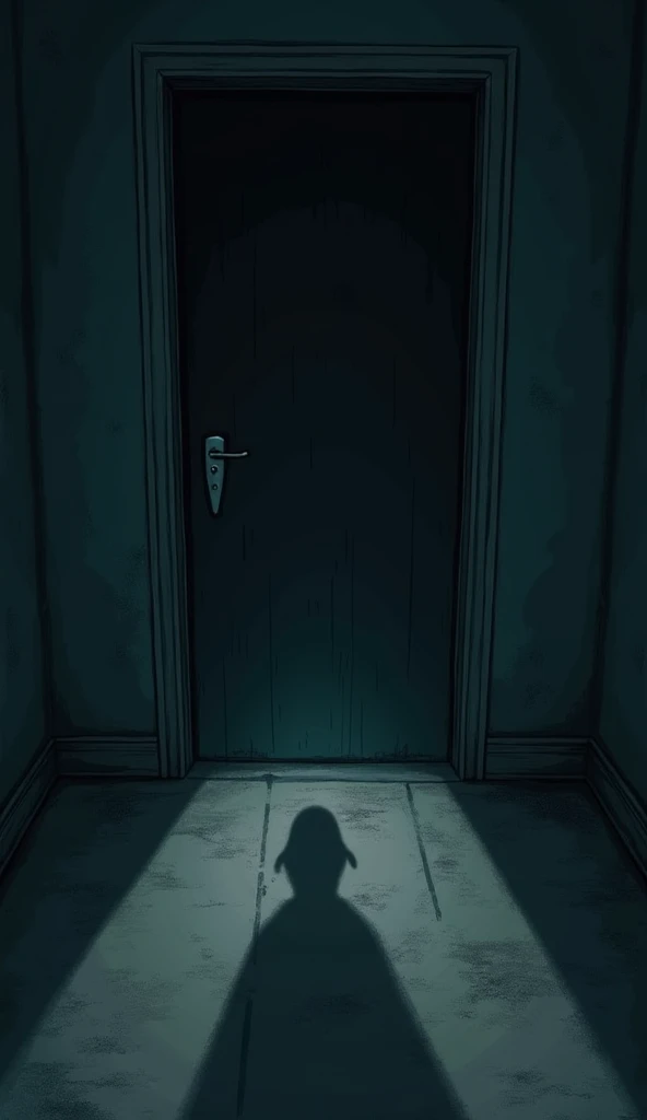 Scene 4:

The bottom edge of the door reveals a still and unnatural shadow. The shadow appears ominous, adding a sense of dread to the scene.
