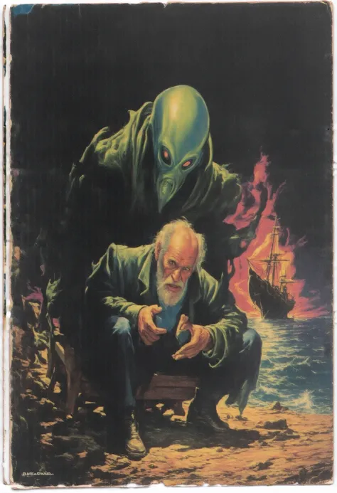  An ET smoker sitting on a bench with a bottle next to him,    an old bearded mans hair brushed back   , nose and mustache , holding a mask of a human figure in her hands and a wrecked ship in the background