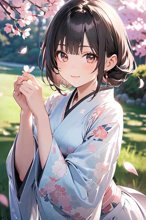 1 girl, (cute face), (long black hair:1.2), (dark brown eyes), medium breasts, slim, (wearing a traditional kimono), (with intricate patterns), BREAK  
Serene Japanese garden, cherry blossoms, (gentle breeze:1.2), (gathering petals:1.2), soft morning light...