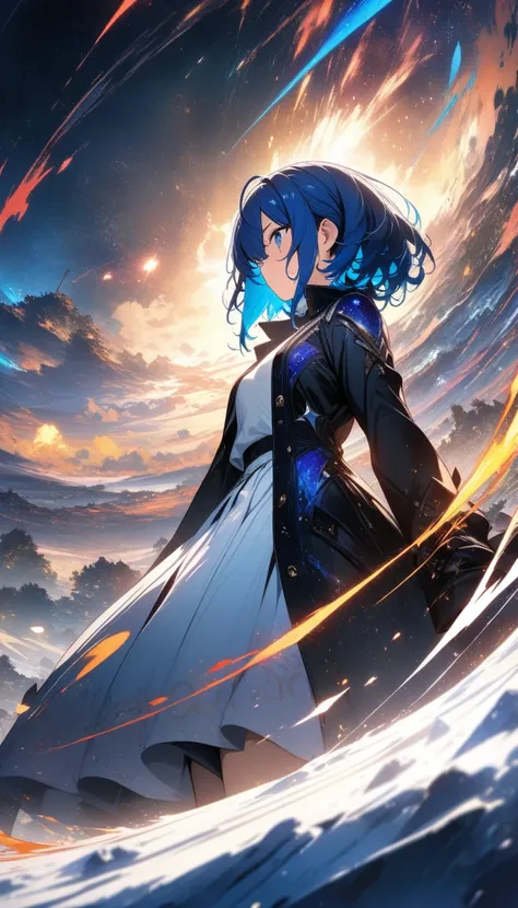 (masterpiece,  top quality ,  Official Art :1.2), ( colorful ),  perfect anatomy, One Girl , front view。 Shorthair。Blue hair color。Late Night。 grassland。 (Collision of stars:1.3) Ultra Precise Illustration ,  elaborately drawn down to the smallest detail ,...