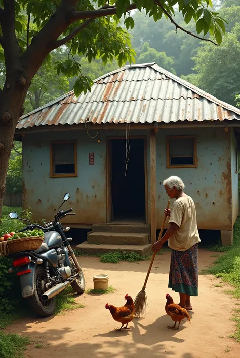 A photo realistic image of A true morning in a village, with a slightly worn wooden house featuring small holes in its walls and a rusty zinc roof in some areas. The dusty yard is shaded by a mango tree with branches reaching low to the ground. An elderly ...