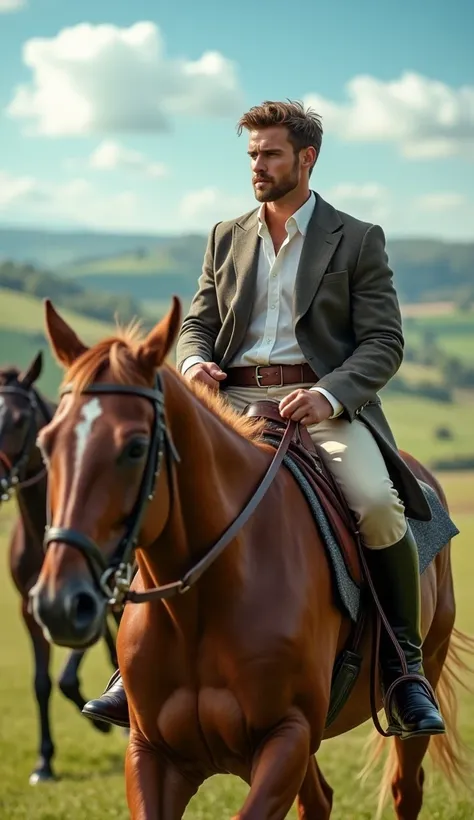 Dashing young man is riding horses looking to the fore