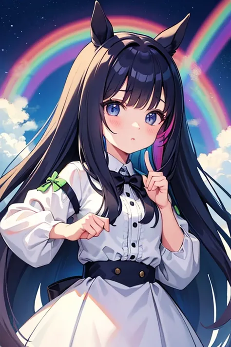 Horse Girl、Horse ears、Rainbow hair colour、 long hair、 odd-eye、best quality,