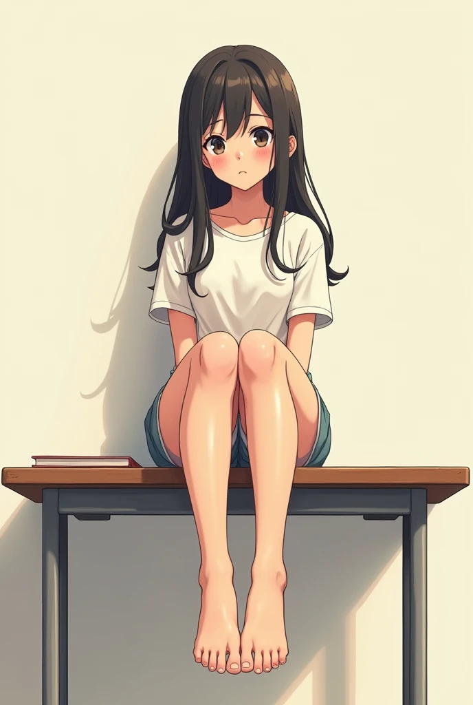 2D anime style, nerd barefoot girl school 18 years old sitting on empty table lifting feet, wrinkled soles,