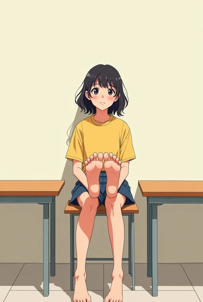 2D anime style, nerd barefoot girl school 18 years old sitting on empty table lifting feet, wrinkled soles,