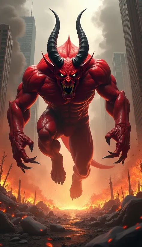 A dramatic and highly detailed digital painting of a red demon with sharp horns, fangs, and a menacing expression, leaping forward from a fiery urban background. The scene is filled with flames, smoke, and tall skyscrapers crumbling in chaos. The demon poi...