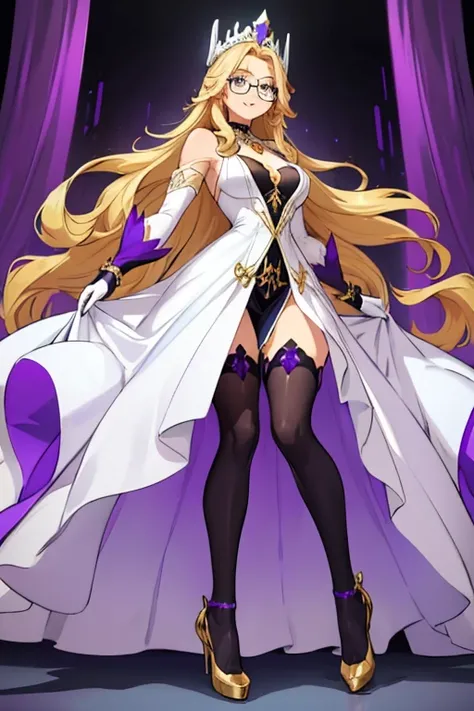 female, long blonde hair, blue eyes, (((1girl))), (((white regal dress with purple and black trim))), (black stockings), (purple heels), (gold bracelets), (gold necklace), (glasses), (black fingerless opera gloves), cute and sexy, full body, modest breasts...