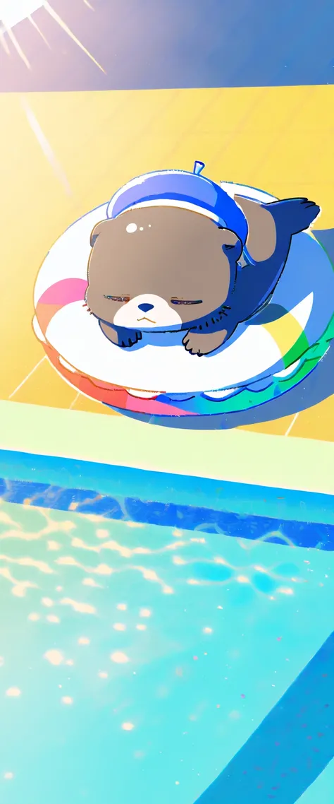 Score_9, Score_8_up, Score_7_up, Score_6_up, Score_5_up, Score_4_up, no human, solo, sea otter (blue, adorable, sleeping on swimming ring, blue beret hat, swimming ring), swimming pool, sunlight, vivid, colorful, warm, Wide lens