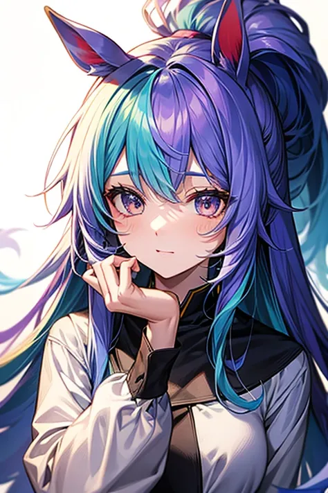 Horse Girl、Horse ears、Rainbow hair colour、 long hair、 odd-eye、best quality,