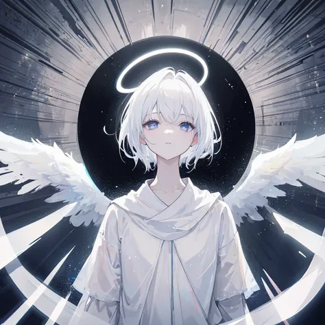 Halo, angel halo, divine, white short hair, looking away, expressionless, masterpiece, best quality, amazing quality, very aesthetic, ultra-high resolution, newest, impactful image, brilliant brilliance, blacklight, fog, looking down, looking to the left, ...