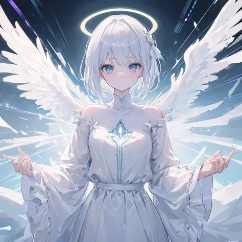 Halo, angel halo, divine, white short hair, looking away, expressionless, masterpiece, best quality, amazing quality, very aesthetic, ultra-high resolution, newest, impactful image, brilliant brilliance, blacklight, fog, looking down, looking to the left, ...