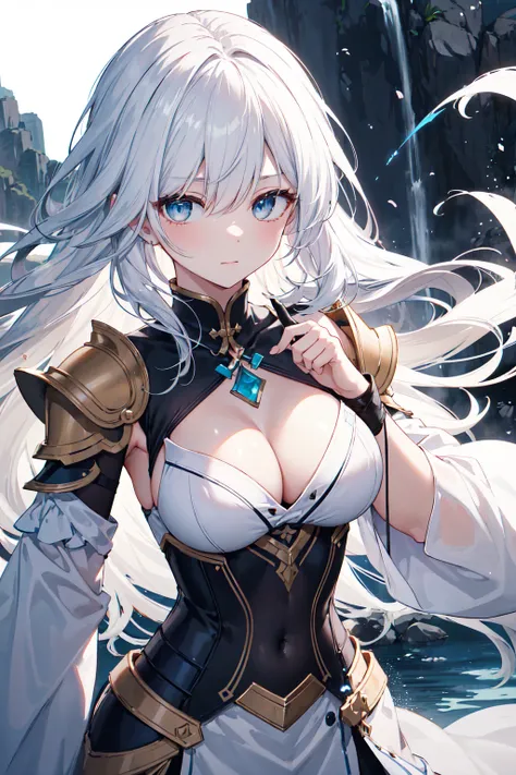  A lone fighter  ，   Wearing gorgeous white armor and shoulder armor   ，  Her long white hair hangs down like a waterfall  。   She holds a shiny white handle ，   The blade reflects a soft light   。 Her chest is the right size   ，   her chest   ，   highligh...