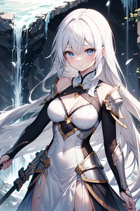  A lone fighter  ，   Wearing gorgeous white armor and shoulder armor   ，  Her long white hair hangs down like a waterfall  。   She holds a shiny white handle ，   The blade reflects a soft light   。 Her chest is the right size   ，   her chest   ，   highligh...