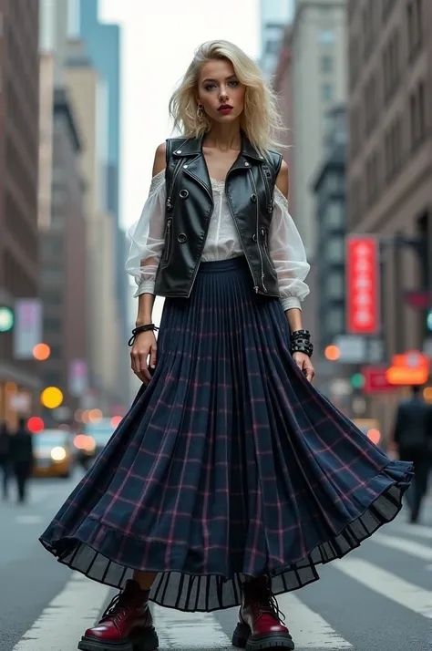 A blond woman with dark led leather sleeveless jacket with large black buttons, white organza longsleeve top, dark blue tartan accordion skirt, burgundy sneackers with large bottom in New York city