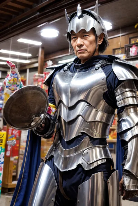 光沢銀色のアーマー、Wearing、Japanese、 shiny silver armor from a small candy store 、Japanese old man 57 years old 