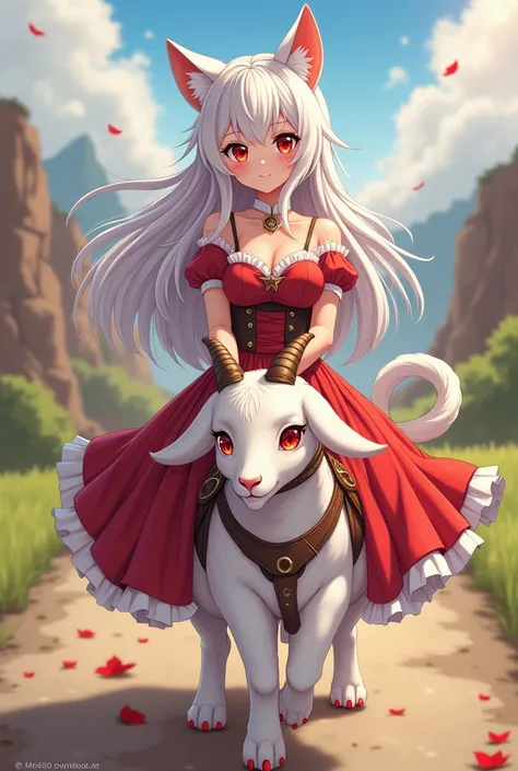 Beautiful anime cat woman, long white hair, detailed red eyes,red nail polish on her hand and toe nails, wearing beautiful cat girl outfit, riding a small goat with saddle and bridle barefoot in the road ,very detailed 